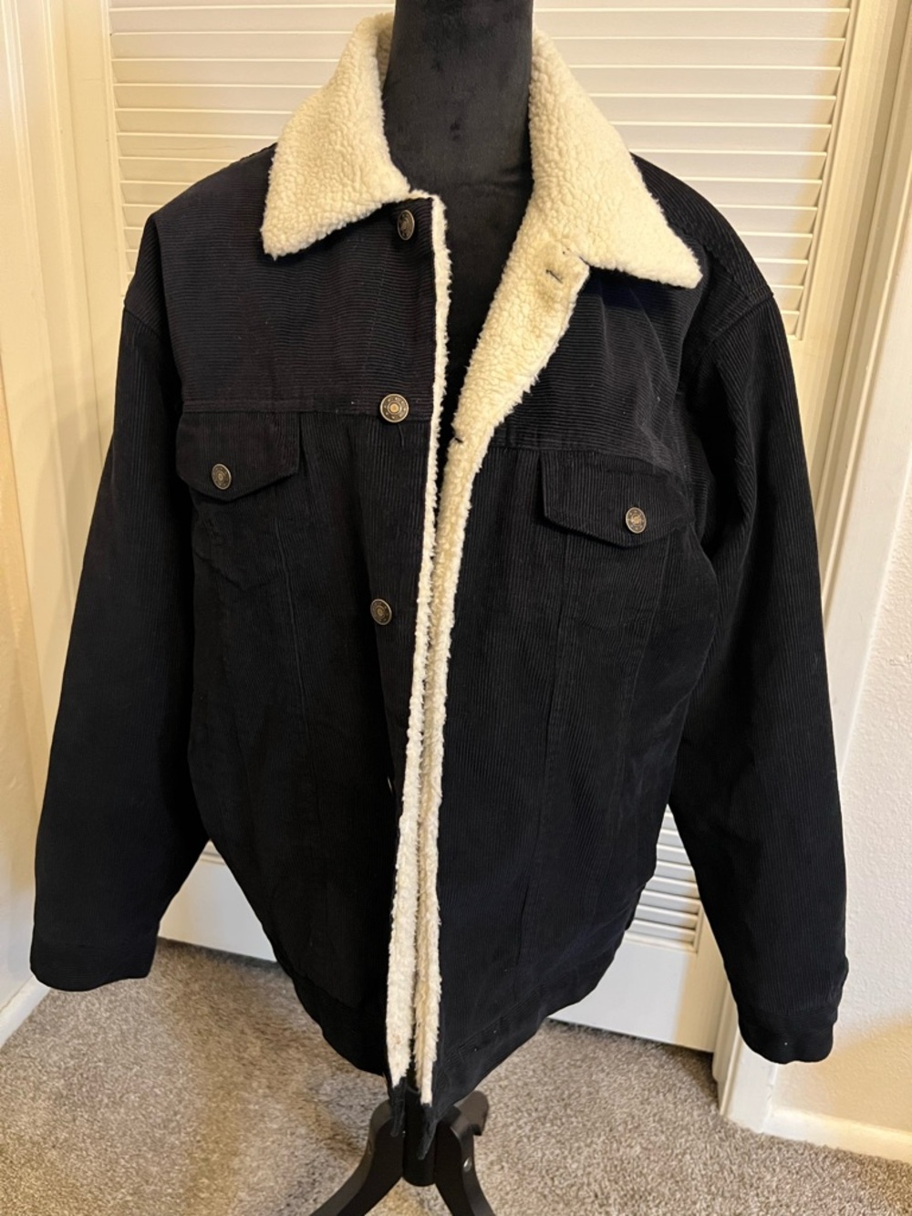 Black Corduroy Sherpa-Lined Jacket with Cream Collar
